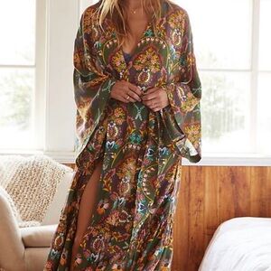 Anthropologie Green Floral Emanuel Robe